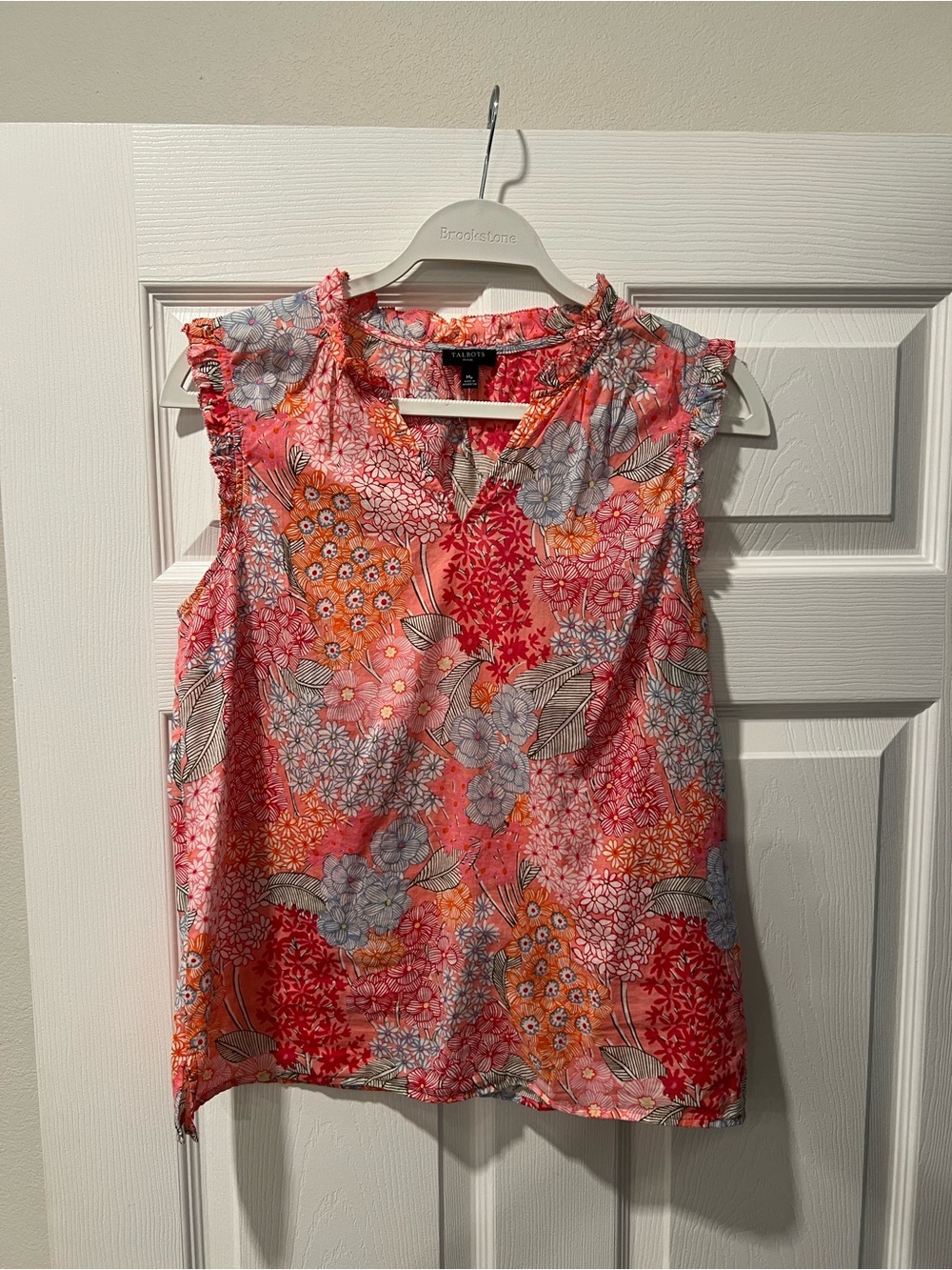 Talbots Coral and Pink Floral Ruffle-Trim Sleeveless Top